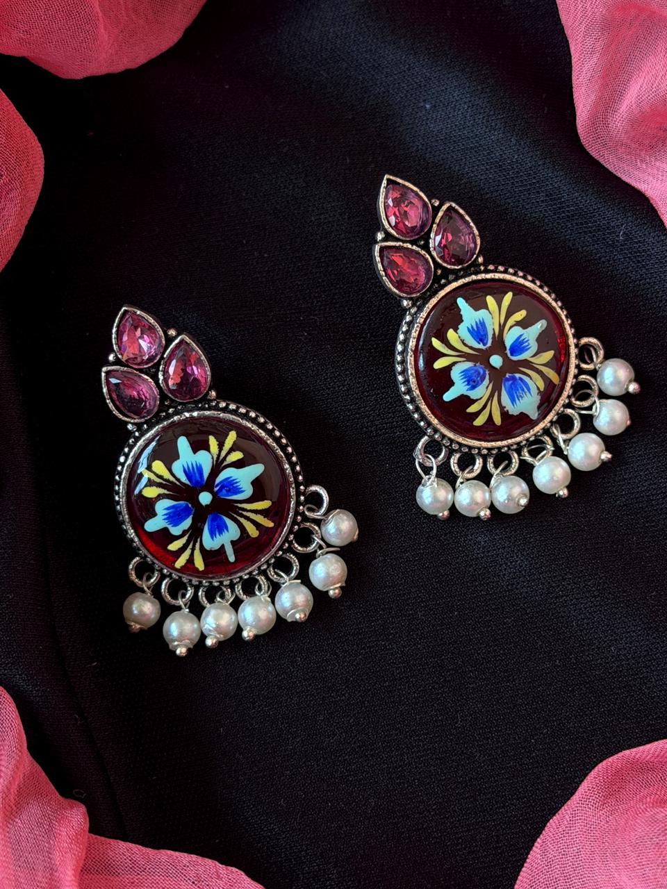 Monalisa Stone Hand Paited Beaded Round Earring