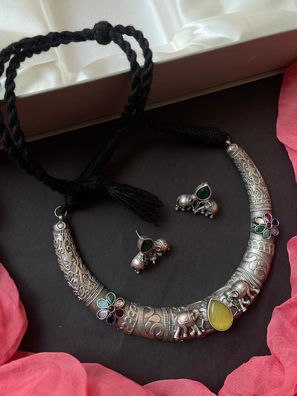 Monalisa Stone Oxidized Choker with Earring set