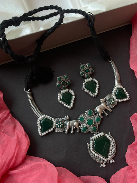 Monalisa Stone Oxidized Necklace with Earrijg set