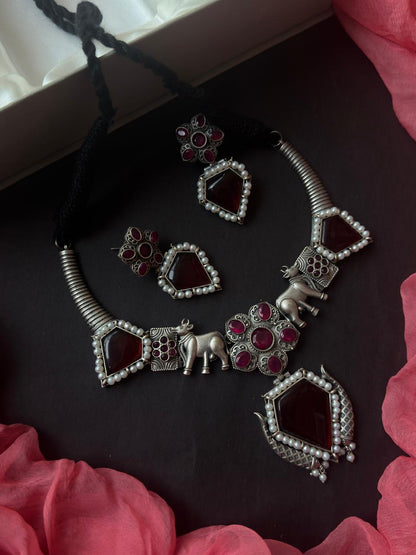 Monalisa Stone Oxidized Necklace with Earrijg set