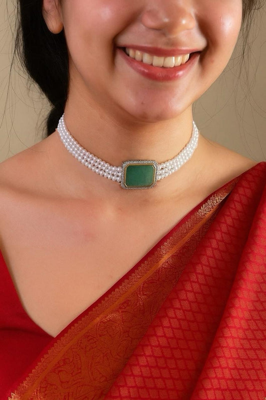 Monalisa with AD stone Pendant Beaded Mala Choker