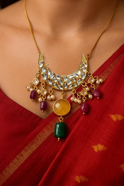 Moon Shape Kundan, Pachi Kundan and Monalisa Stone Pendant Necklace