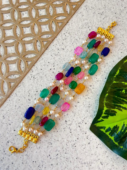 Natural Stone and Pearl Five Layered Bracelet