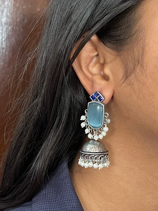 Oxidized Flat Jhumka with Monalisa Stone Top Earring