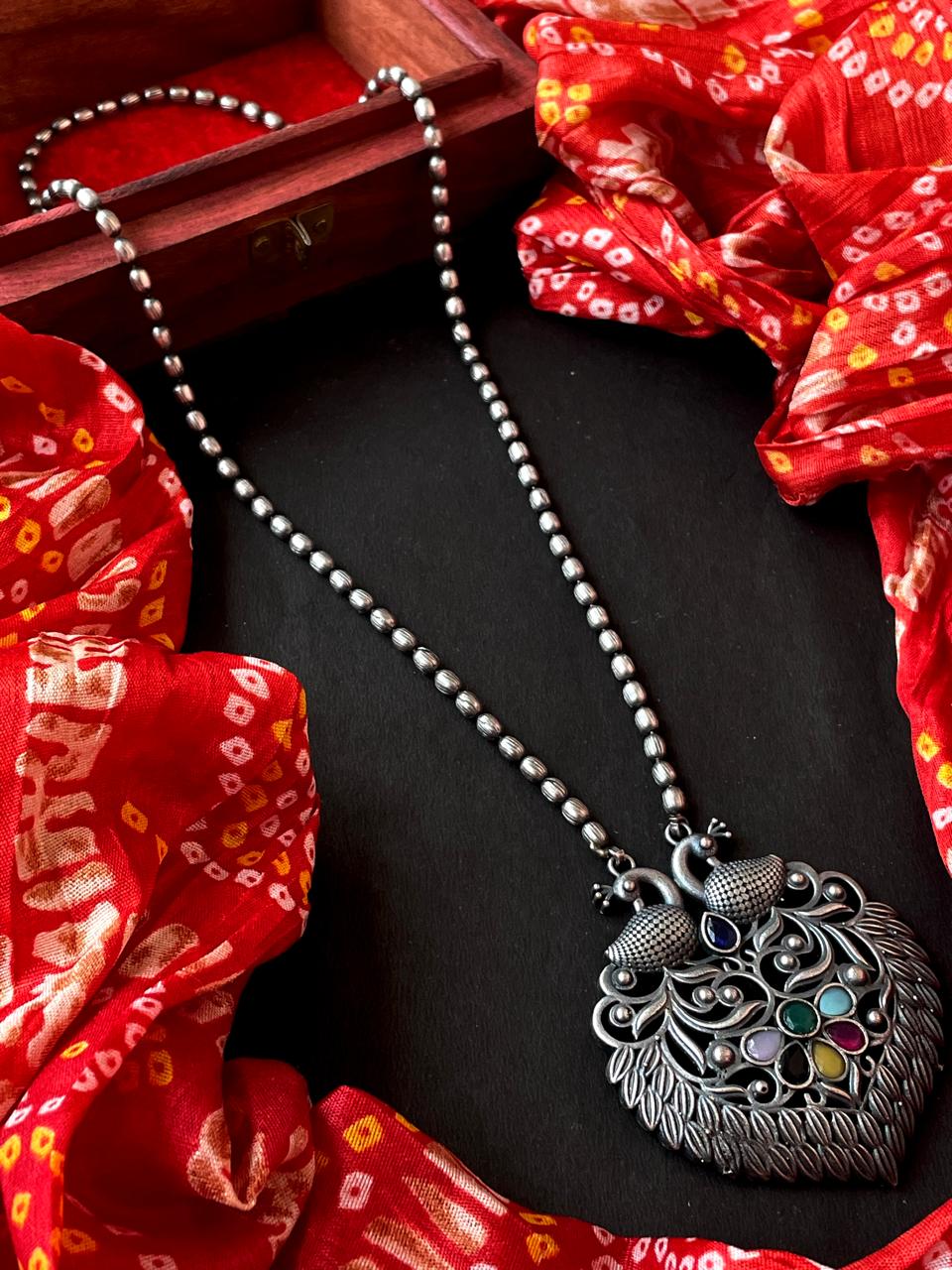 Oxidized Peacock Pendant Chain Necklace