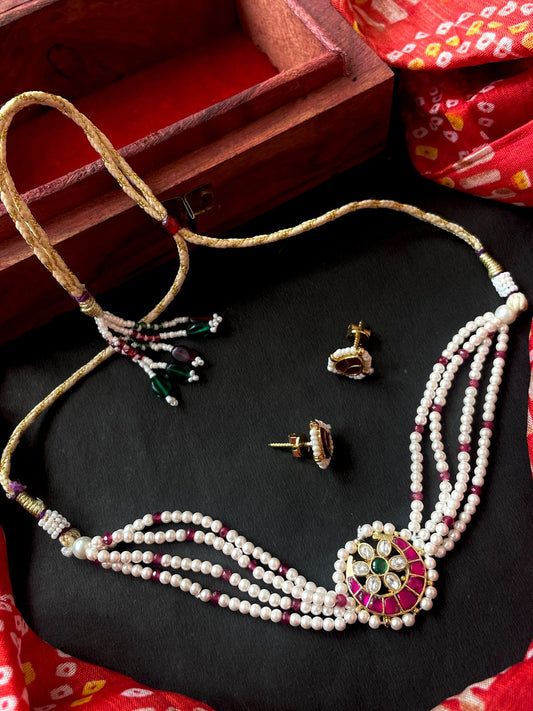 Pachi Kundan Pendant with Shell Pearl Mala Choker and Earring set