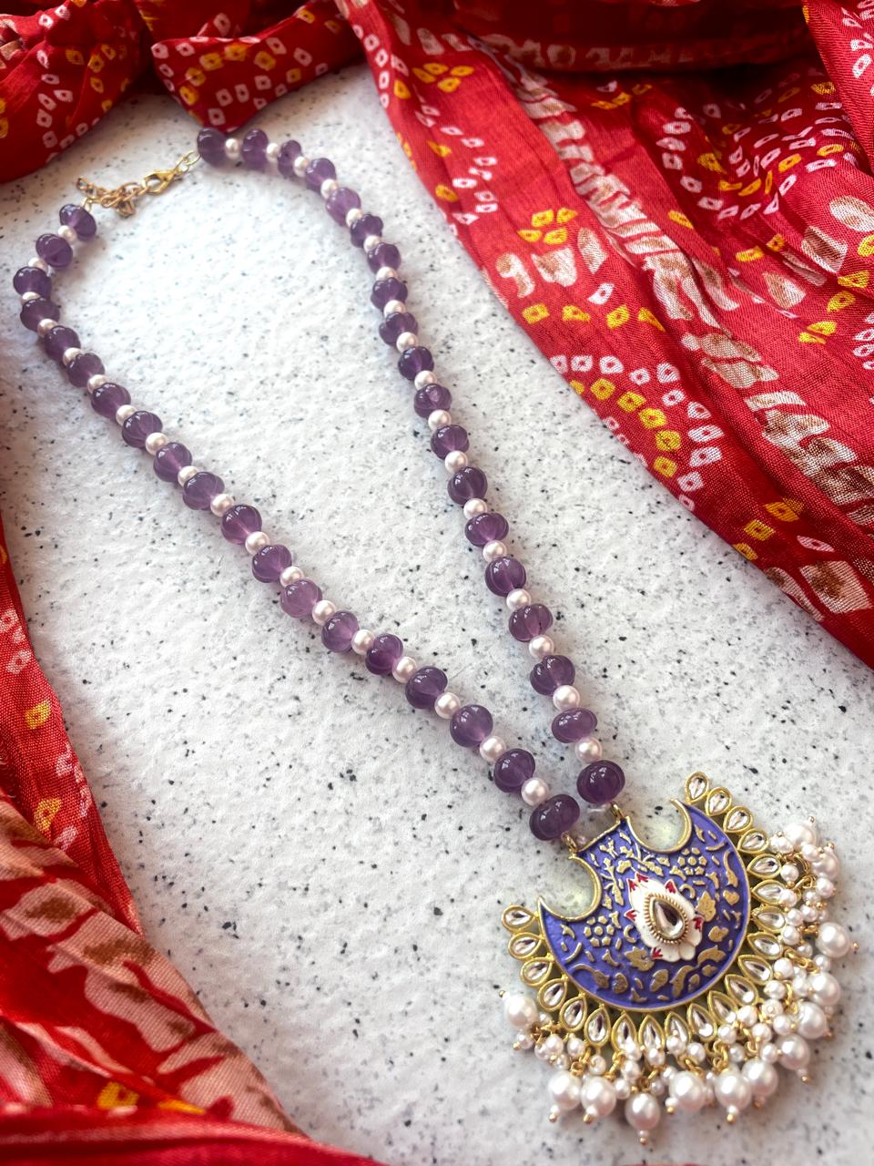 Pumpkin Beads Mala with Meenakari Pendant Necklace