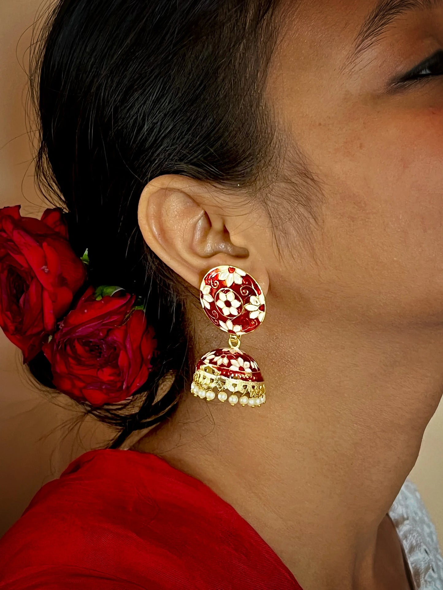 Meenakari Flower Print Top Jhumki Earring