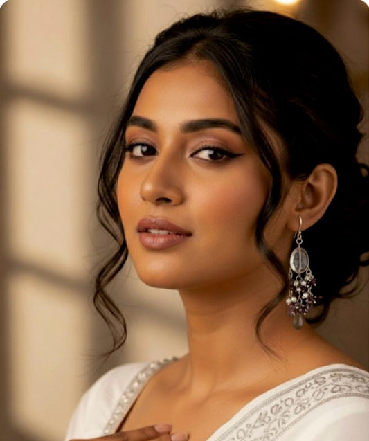 Sapphire stone Beaded Silver Earring