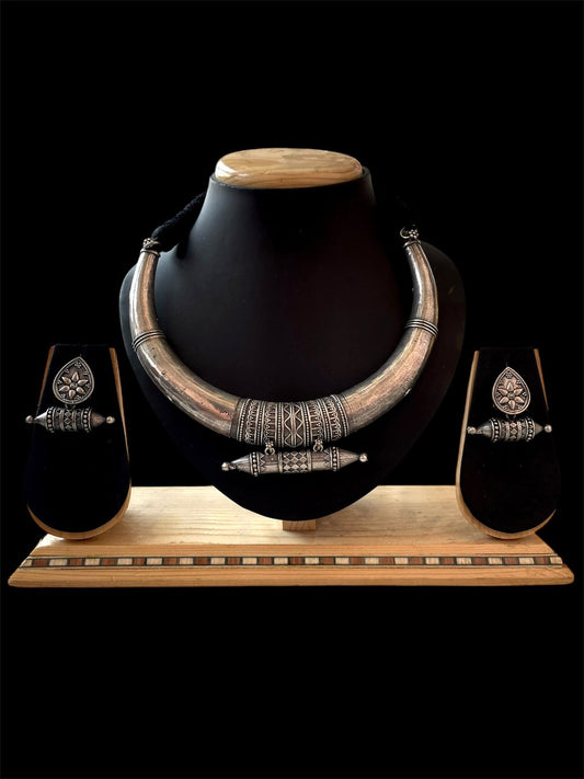 Silver Replica Oxidized Choker with Earring set