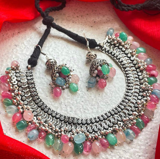 Oxidized Necklace with heavy Semi Precious Stones and Earring set
