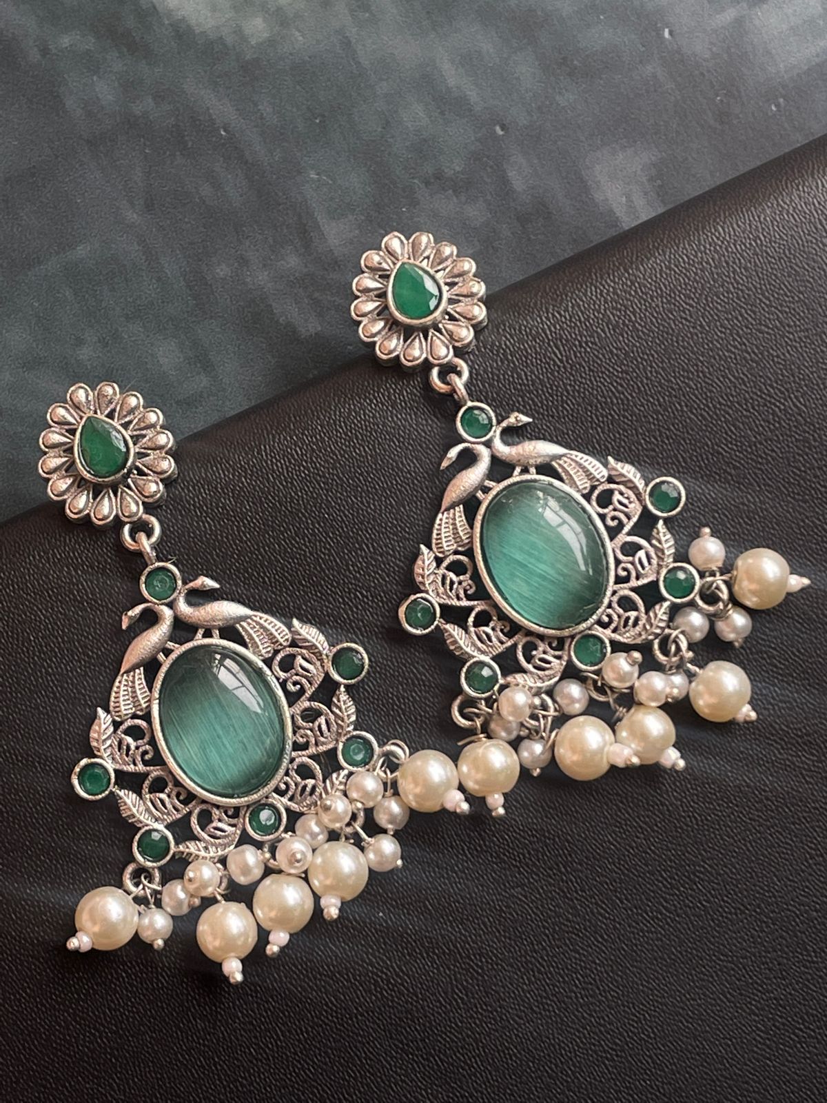 Ethnic Party wear Oxidized Drop earring with stone and beads