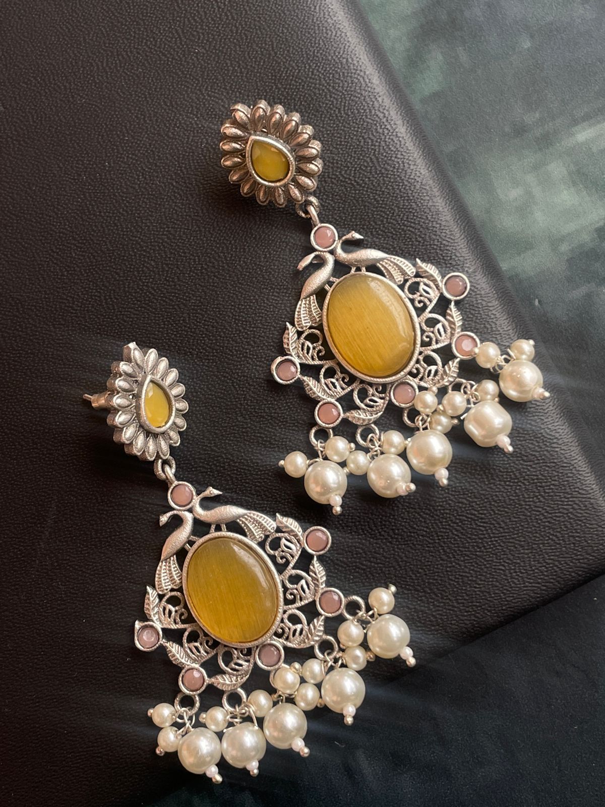 Ethnic Party wear Oxidized Drop earring with stone and beads