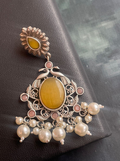 Ethnic Party wear Oxidized Drop earring with stone and beads