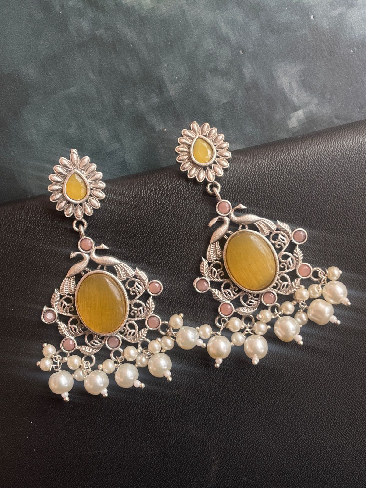 Ethnic Party wear Oxidized Drop earring with stone and beads