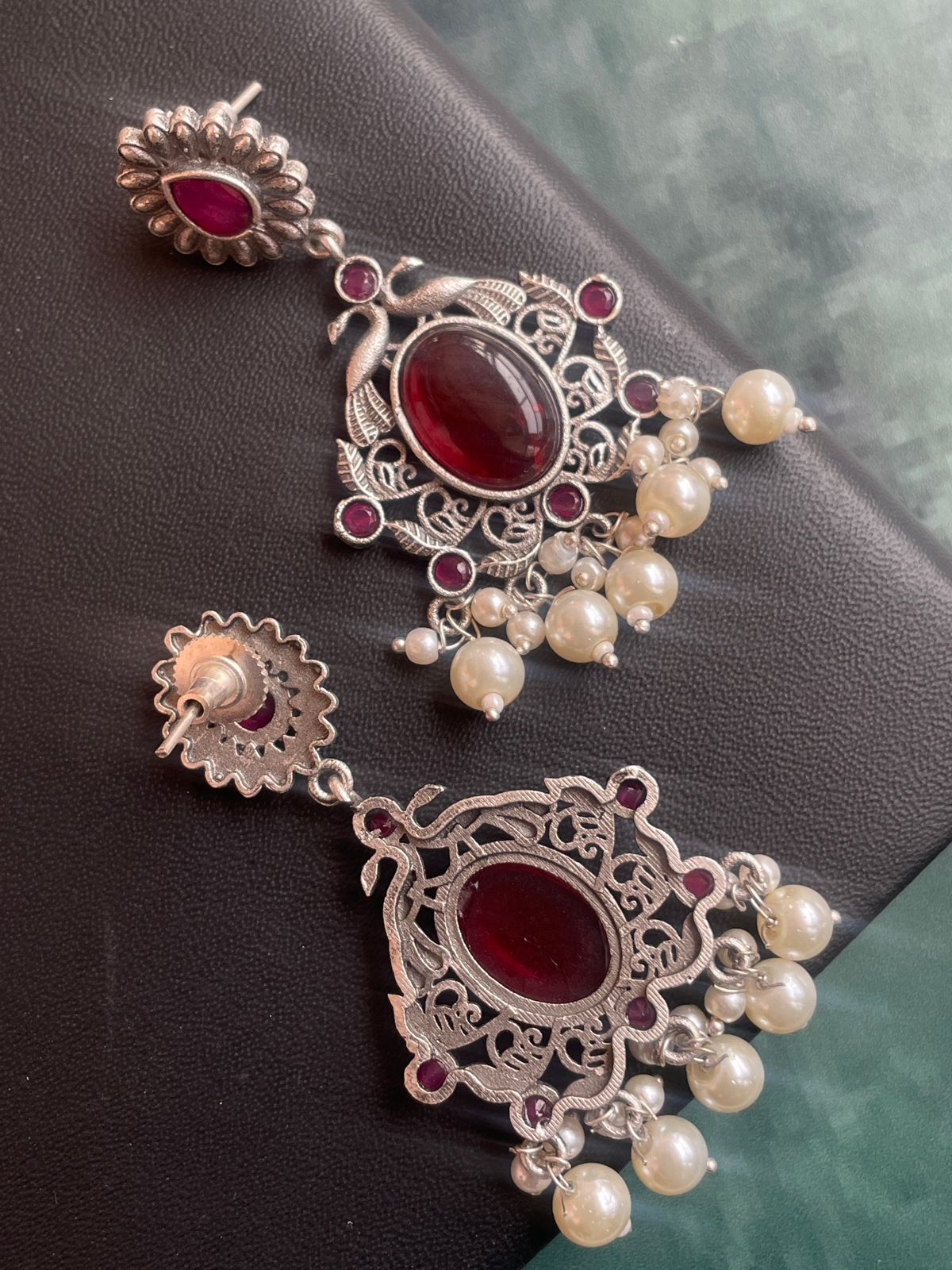 Ethnic Party wear Oxidized Drop earring with stone and beads