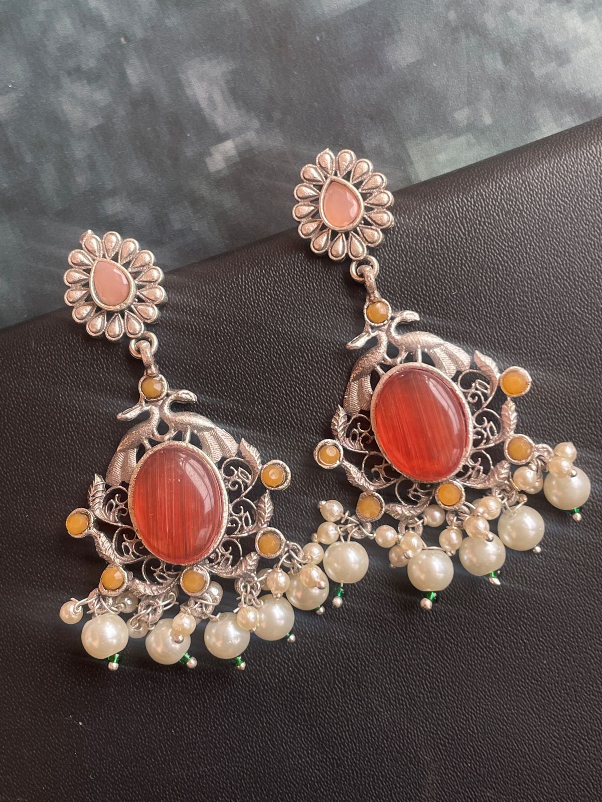 Ethnic Party wear Oxidized Drop earring with stone and beads