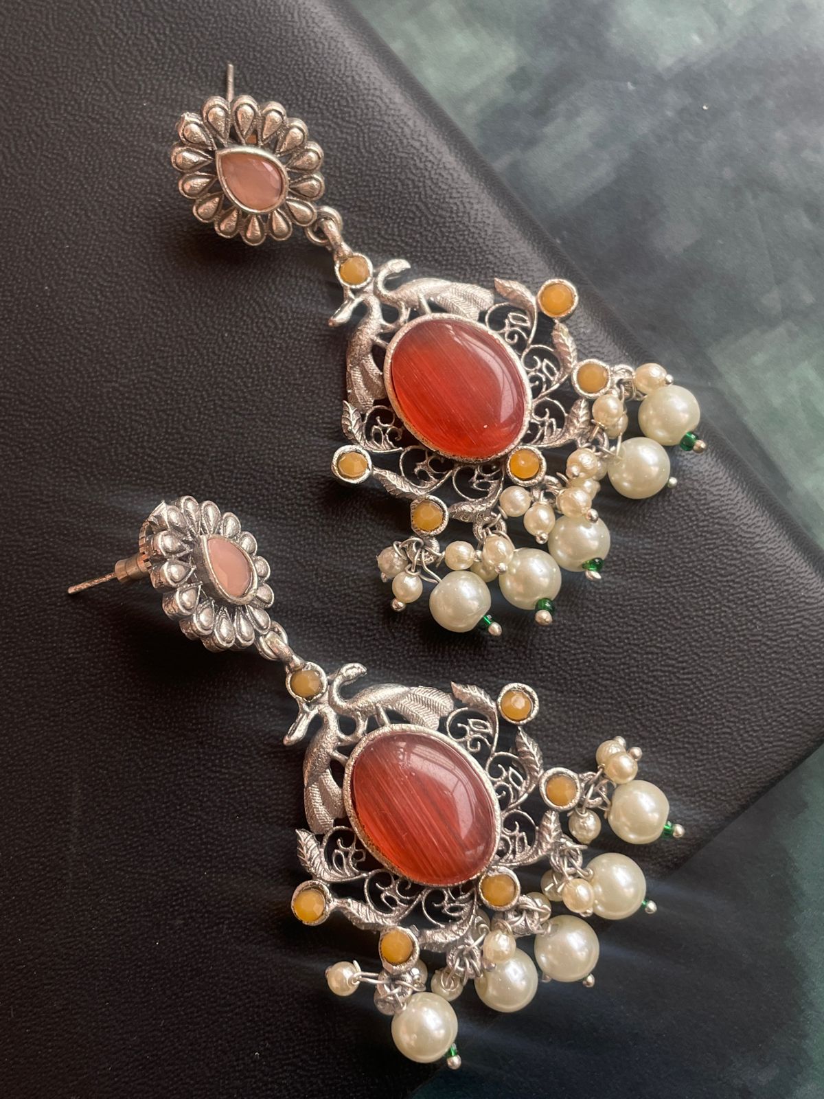 Ethnic Party wear Oxidized Drop earring with stone and beads