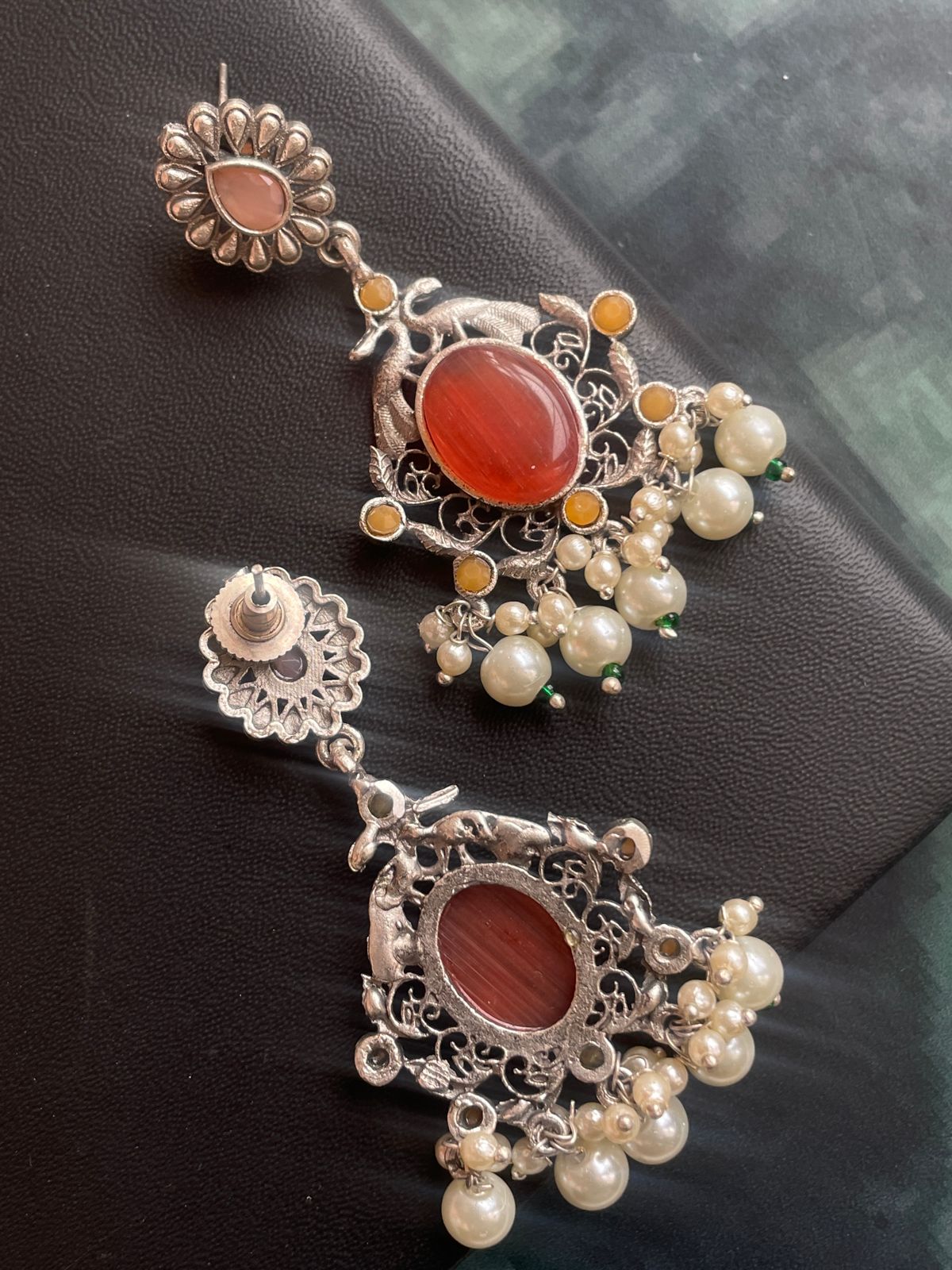 Ethnic Party wear Oxidized Drop earring with stone and beads