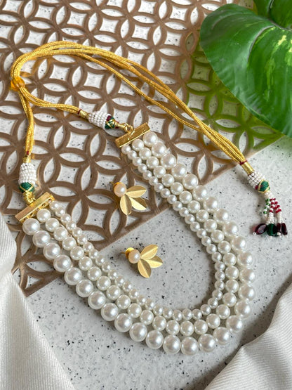 Shell Pearl Three Layered Necklace with Earring Set