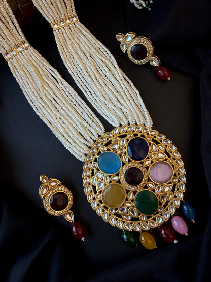 Monalisa Stone Big Pendant Beaded Multi Layered Mala Necklace with Earring set