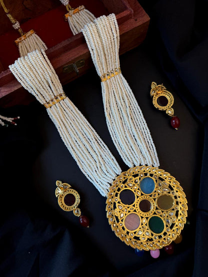 Monalisa Stone Big Pendant Beaded Multi Layered Mala Necklace with Earring set