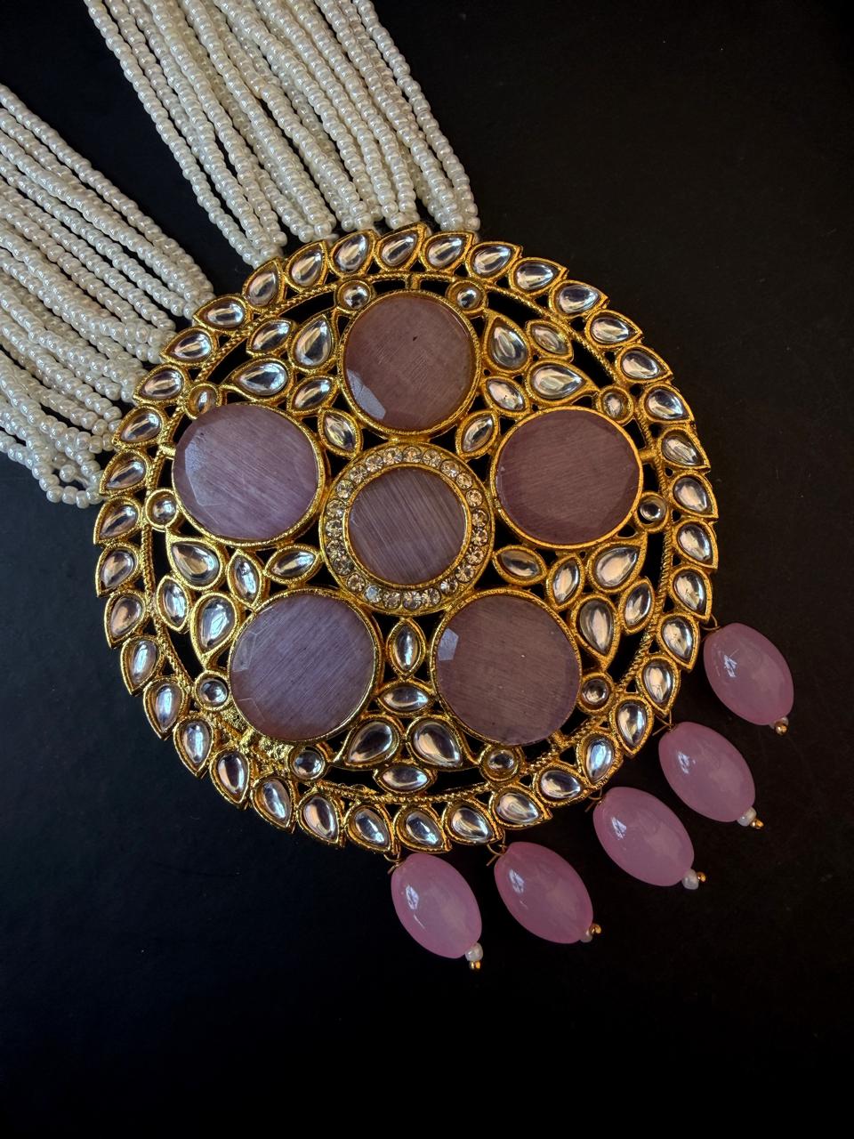 Monalisa Stone Big Pendant Beaded Multi Layered Mala Necklace with Earring set