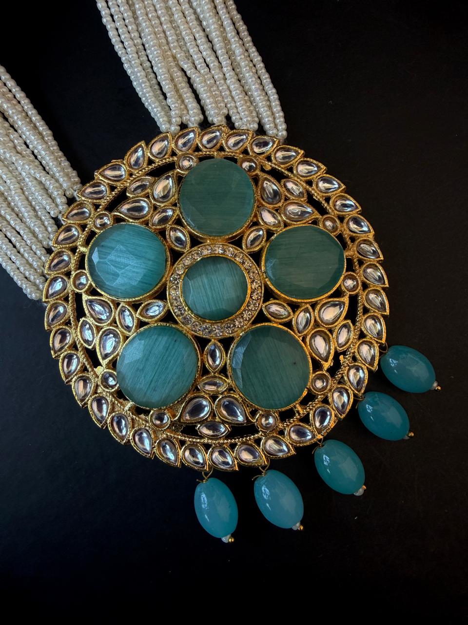 Monalisa Stone Big Pendant Beaded Multi Layered Mala Necklace with Earring set