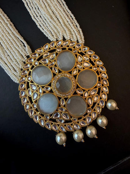 Monalisa Stone Big Pendant Beaded Multi Layered Mala Necklace with Earring set