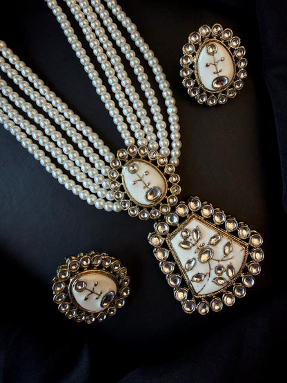 Meenakari Pendant Beaded Mala Necklace with Earring set