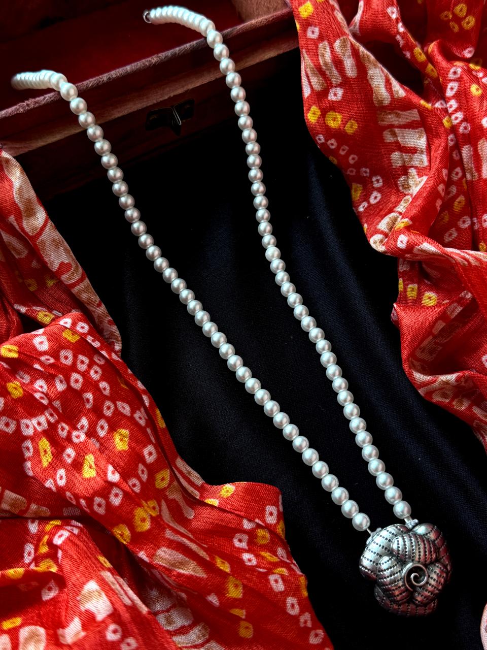 Oxidized Ganesha Pendant Pearl Mala Necklace