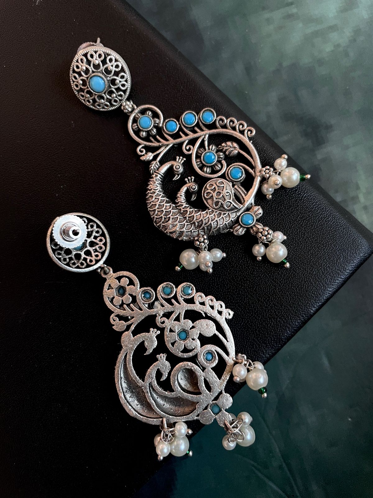 Silver Replica Peacock Shape Ethnic Beaded Earring