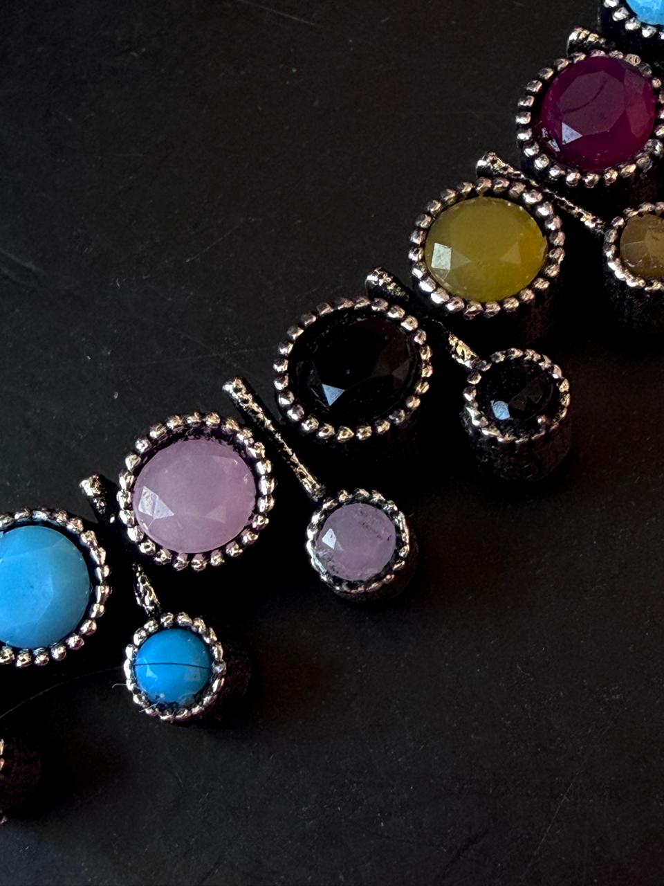 Multi Colour Stones Oxidized Choker Necklace with Earring set