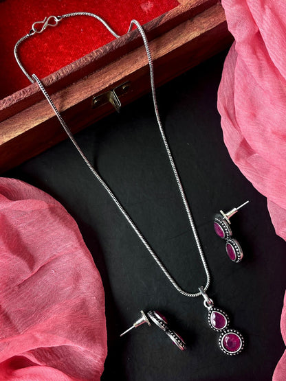 Monalisa Stone Oxidize Pendant Chain Necklace with Earring set