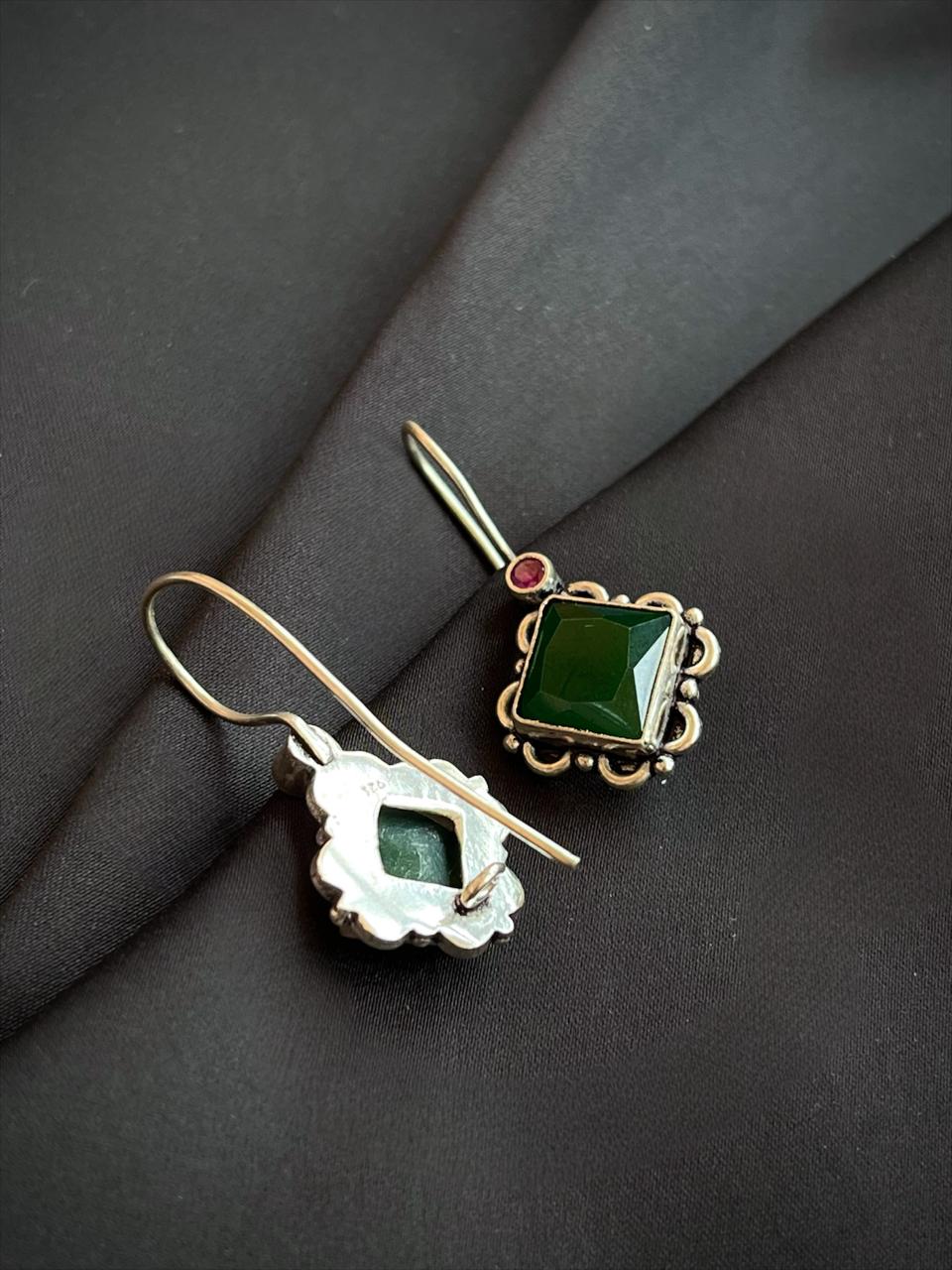 Green Square Cut Stone 92.5 Silver Earring