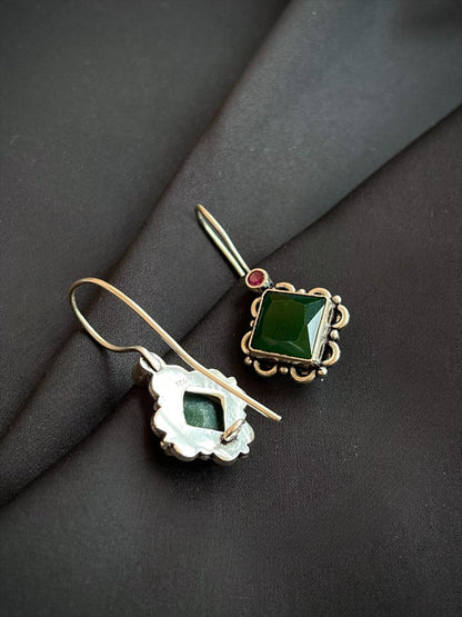 Green Square Cut Stone 92.5 Silver Earring