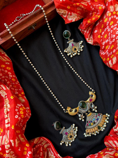 Dual Tone Peacock Pendant Chain Necklace with Earring set