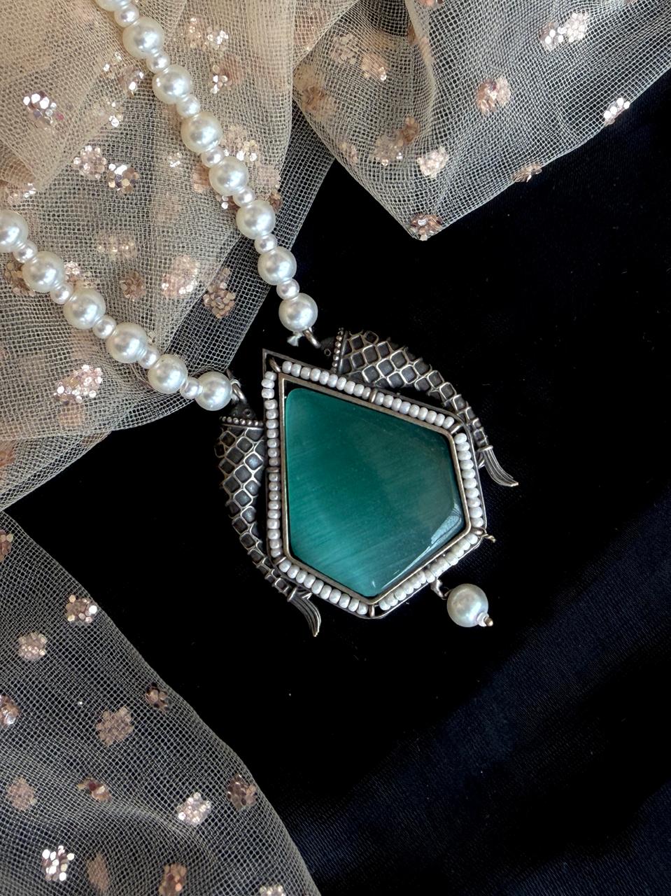 Monalisa Stone Oxidized Pendant Baeded Mala Necklace with Earring set