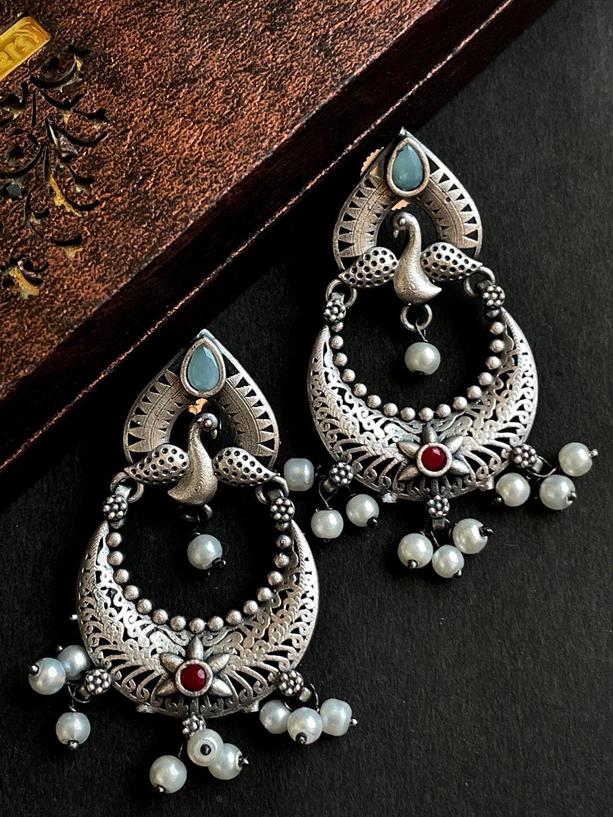 Peacock Shape Chandbali Oxidized Drop Earring