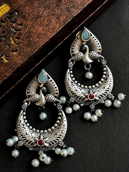 Peacock Shape Chandbali Oxidized Drop Earring