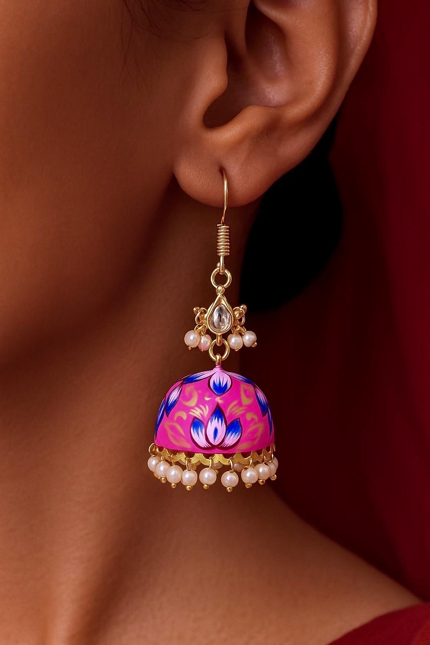 Meenakai Hand Painted Jhumka with Pachi Kundan Earring