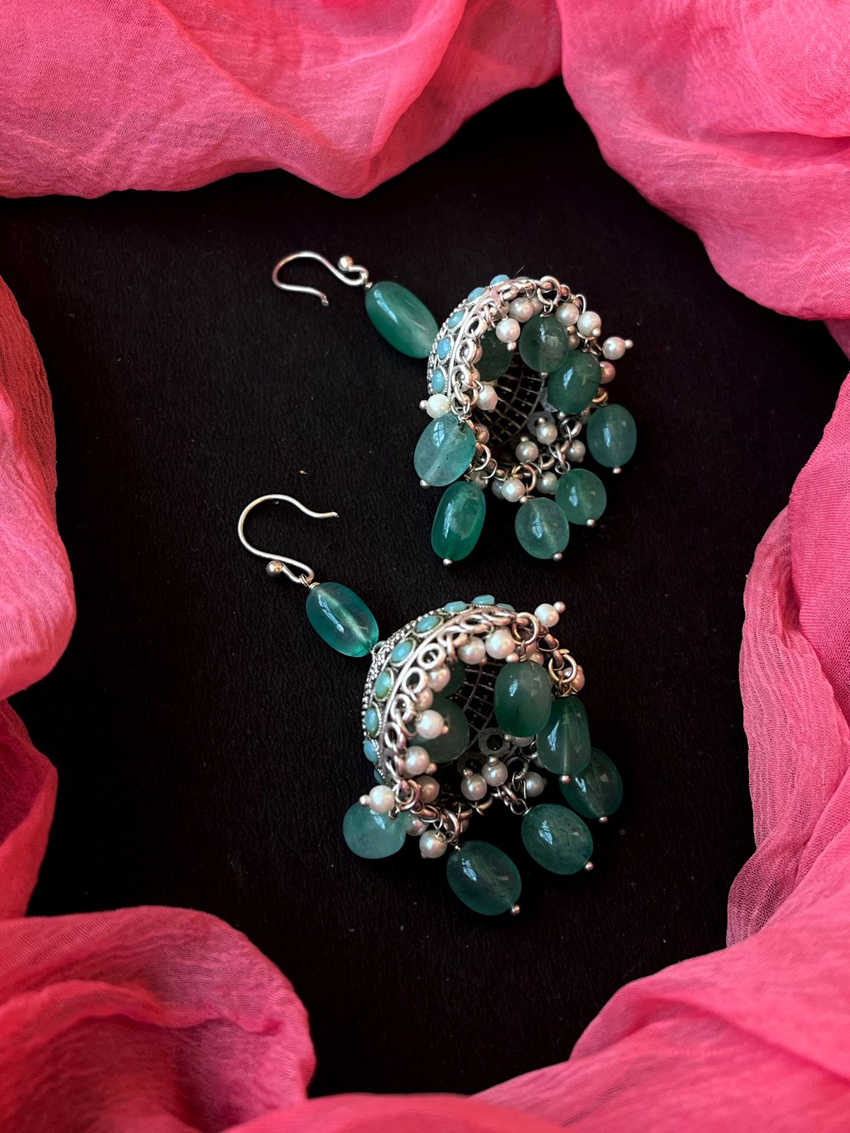 Stone Beads Oxidized Jhumki Partywear Earring