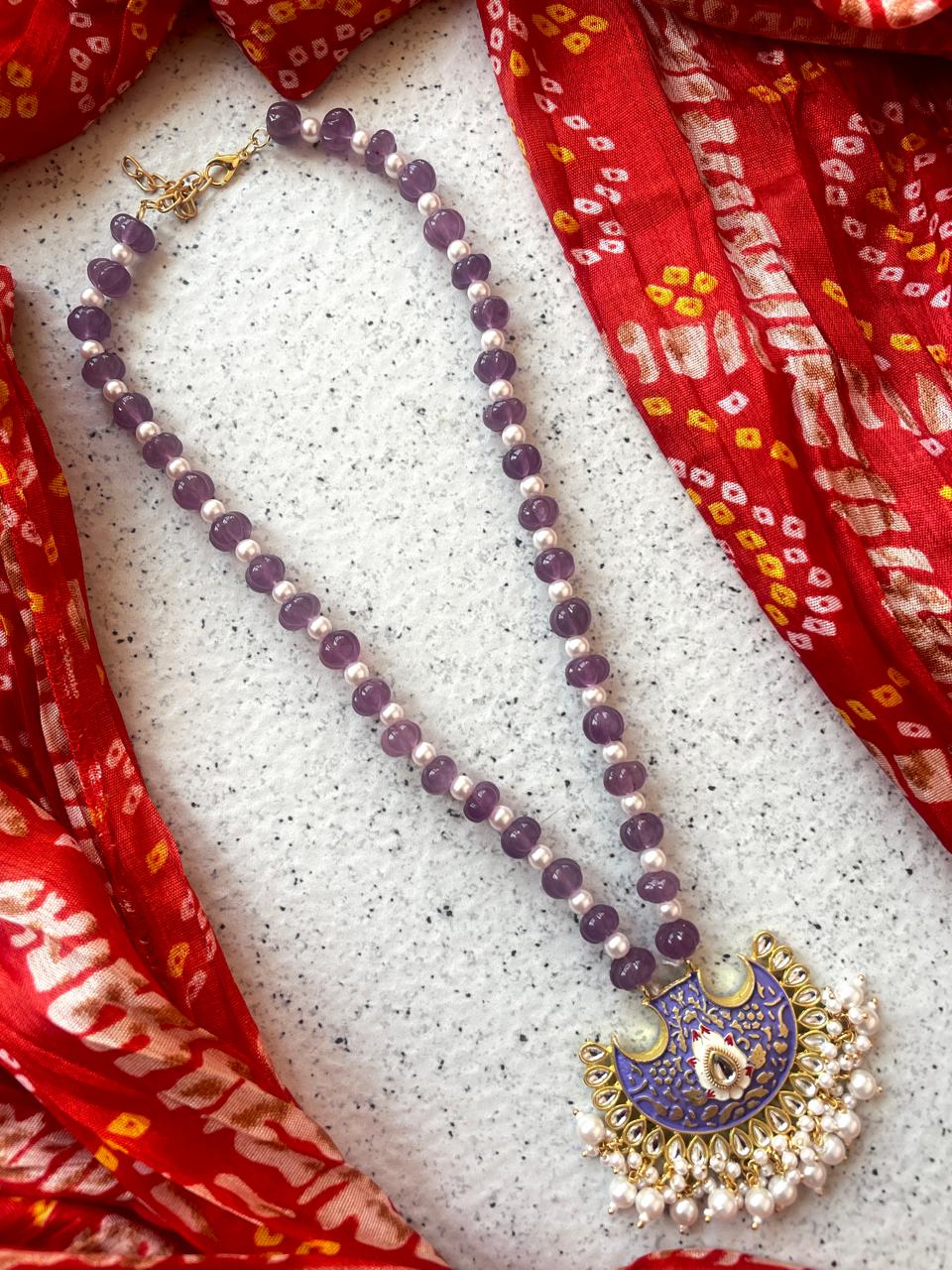 Pumpkin Beads Mala with Meenakari Pendant Necklace