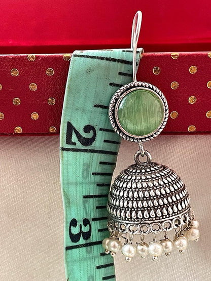 Silver Replica Jhumki with Monalisa stone Top Earring