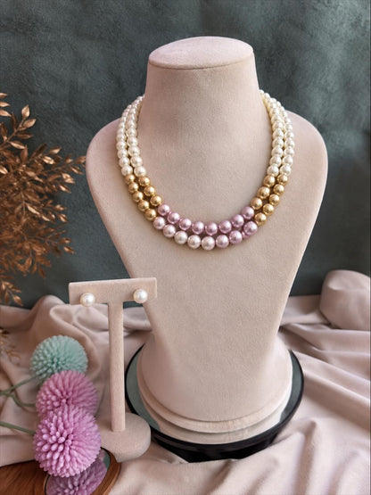 Glass Pearl Double Layer Mala with Earring set