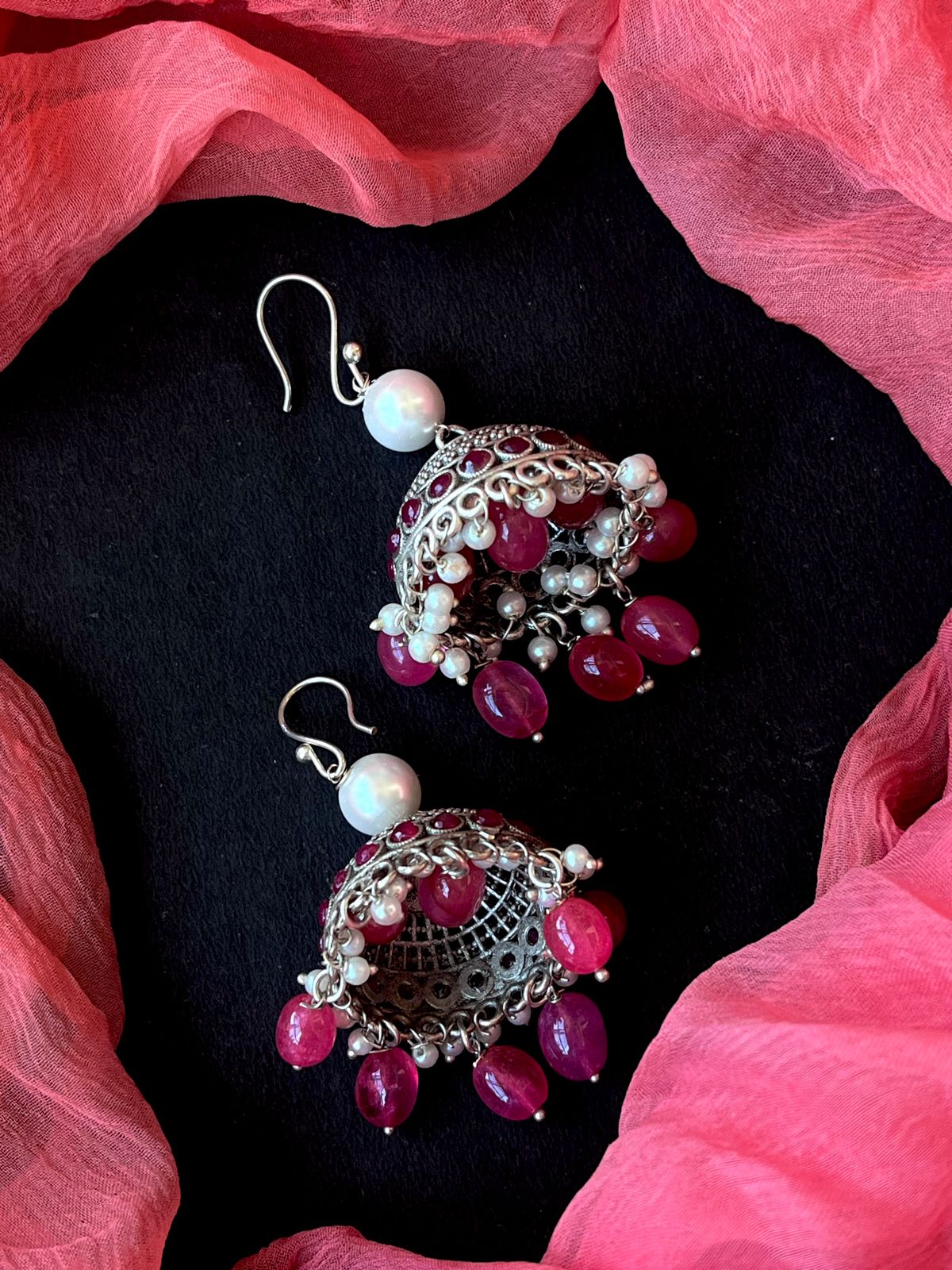 Stone Beads Oxidized Jhumki Partywear Earring