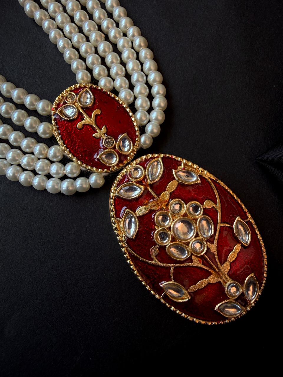 Meenakari Pendant Beaded Mala Necklace with Earring set