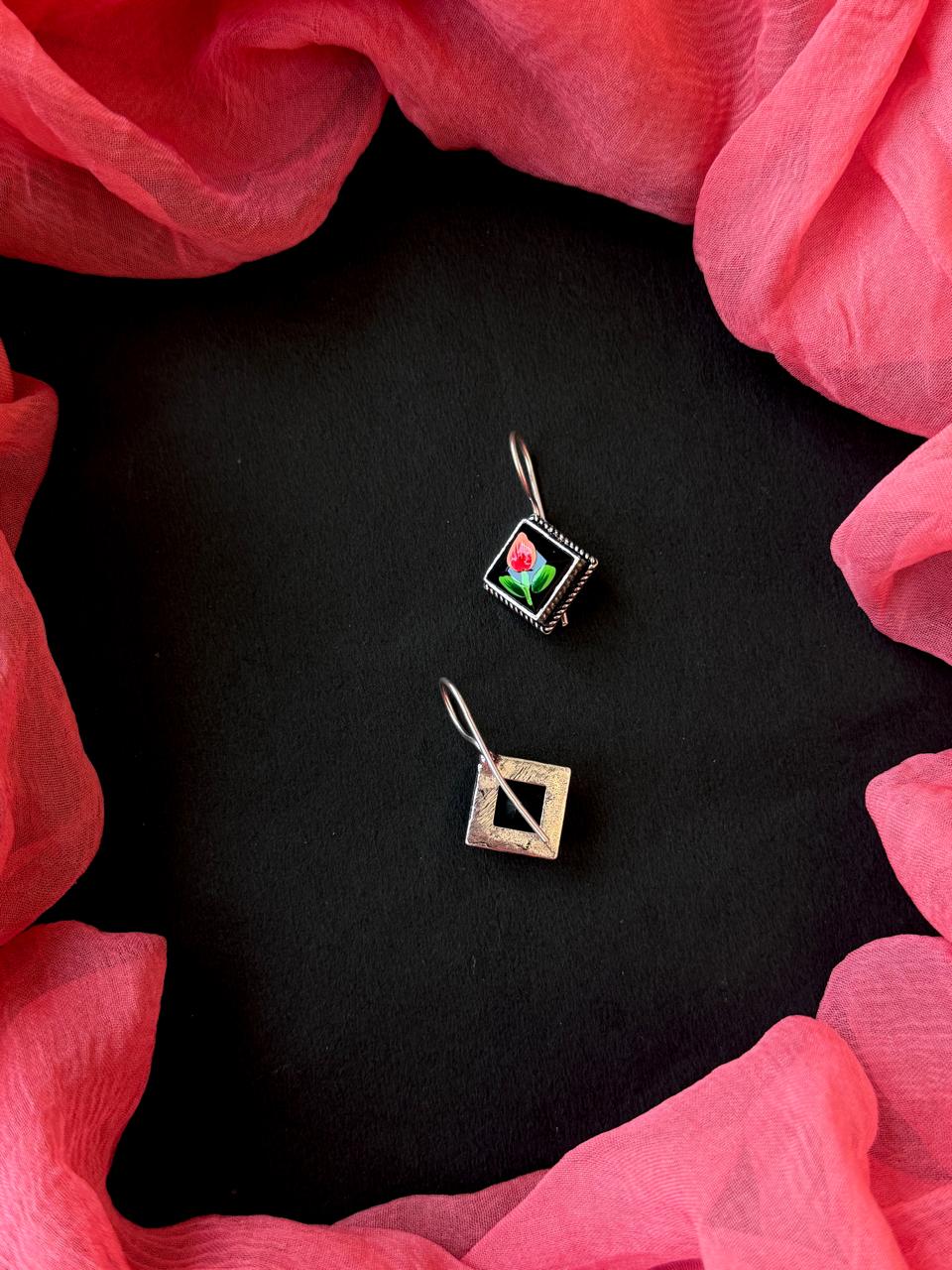 Hand Painted Square Monalisa Stone Siler Replica Earring