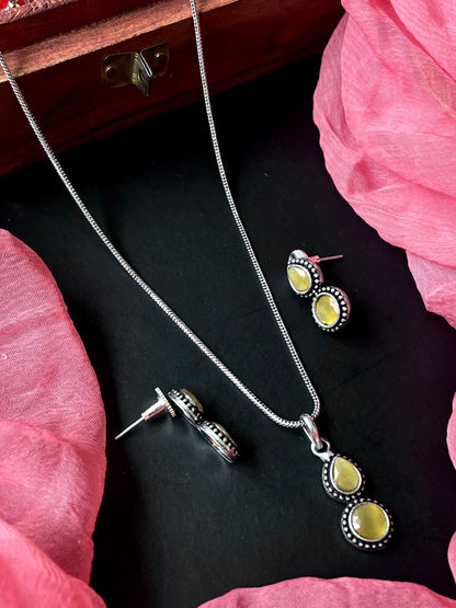 Monalisa Stone Oxidize Pendant Chain Necklace with Earring set