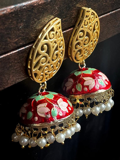 Meenakari Jhumka with Golden Top Drop Earring